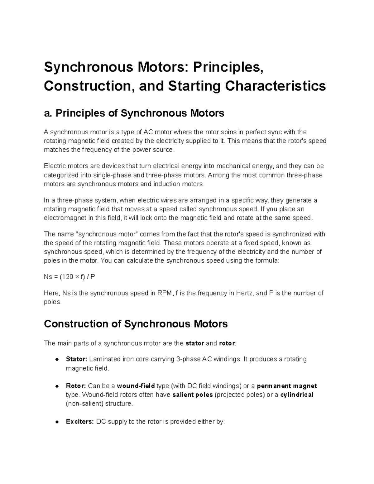 EE 38 Notes: Synchronous Motors - Principles, Construction & Start ...