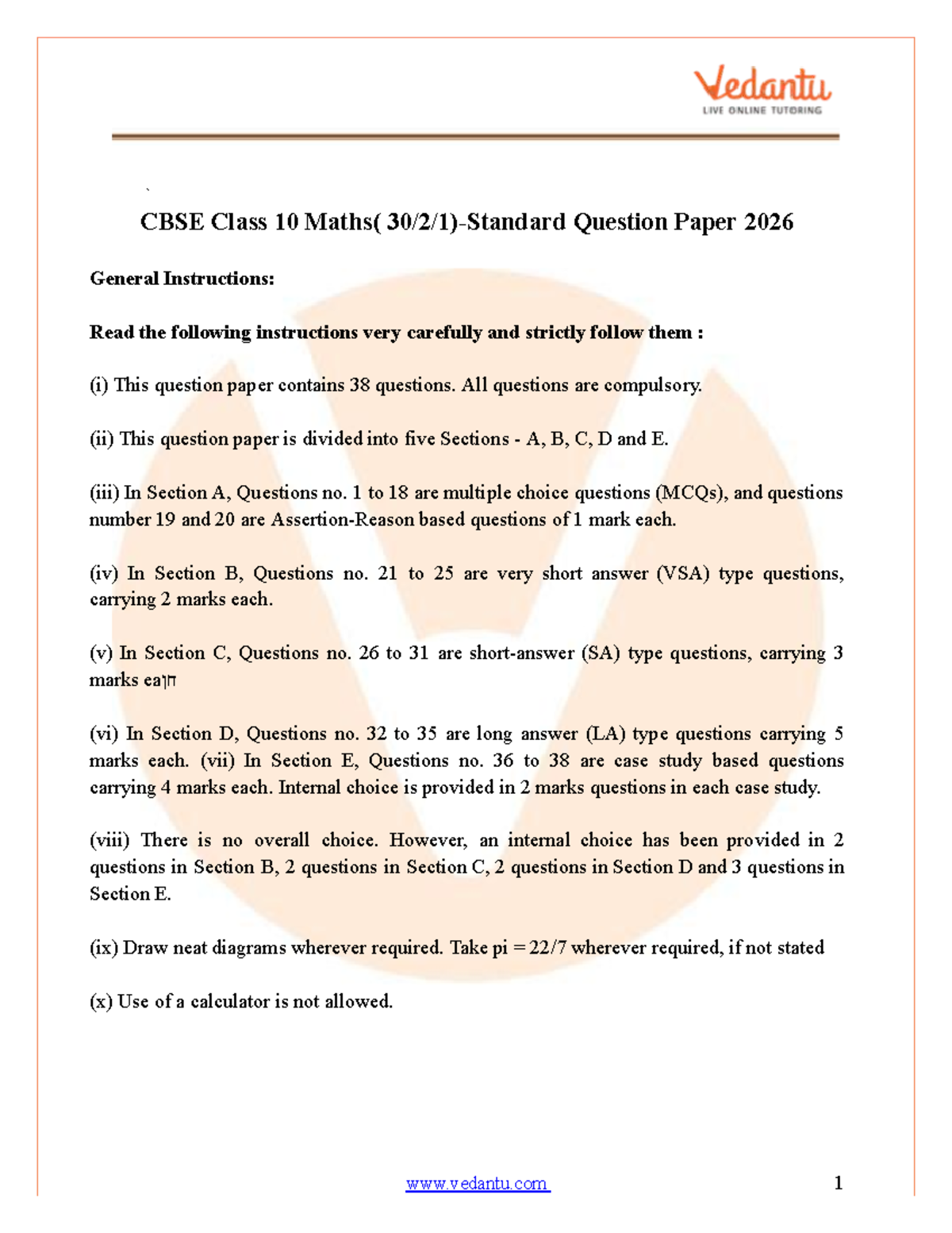 CBSE Class 10 Maths - Question Paper 2026 with Instructions - Studocu