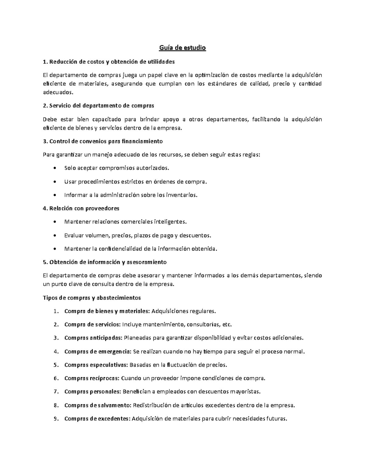 Guía de estudio compras y abastecimiento exam 1 - Guía de estudio 1 ...