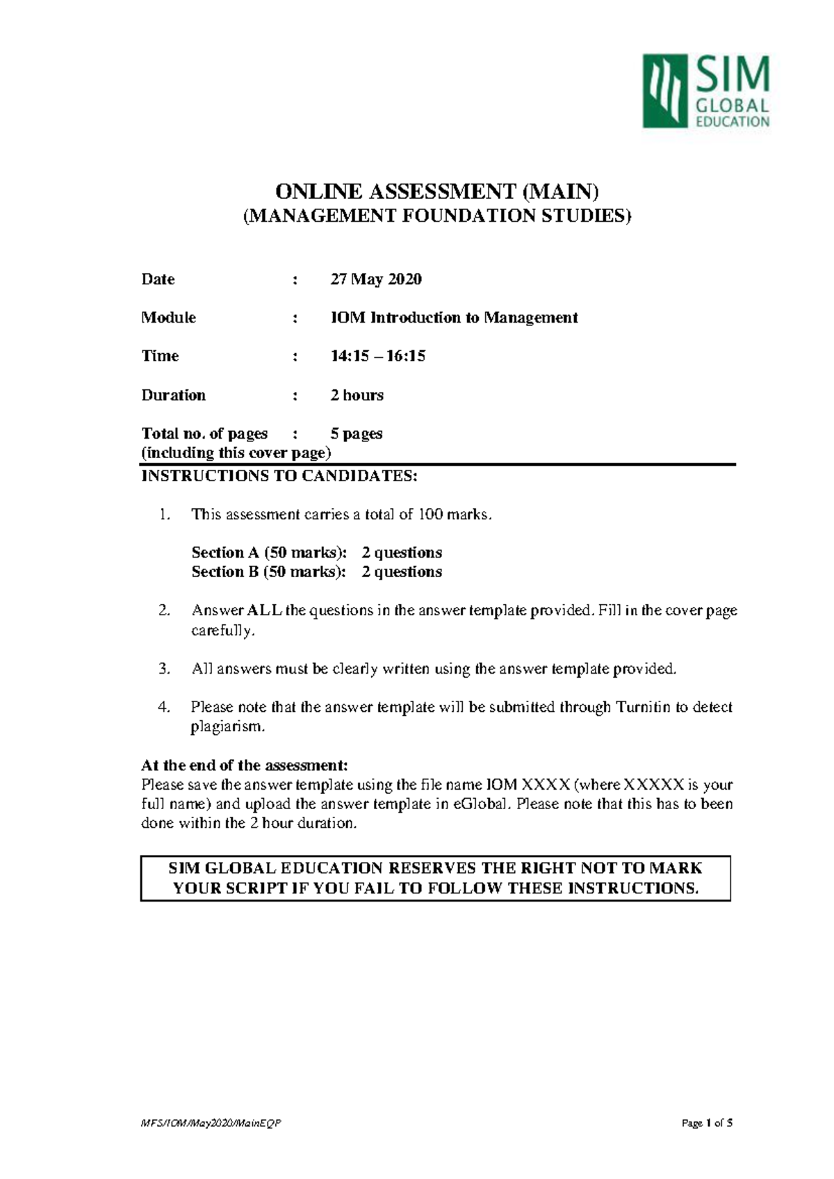 IOM Management Foundation Online Assessment Questions - Studocu
