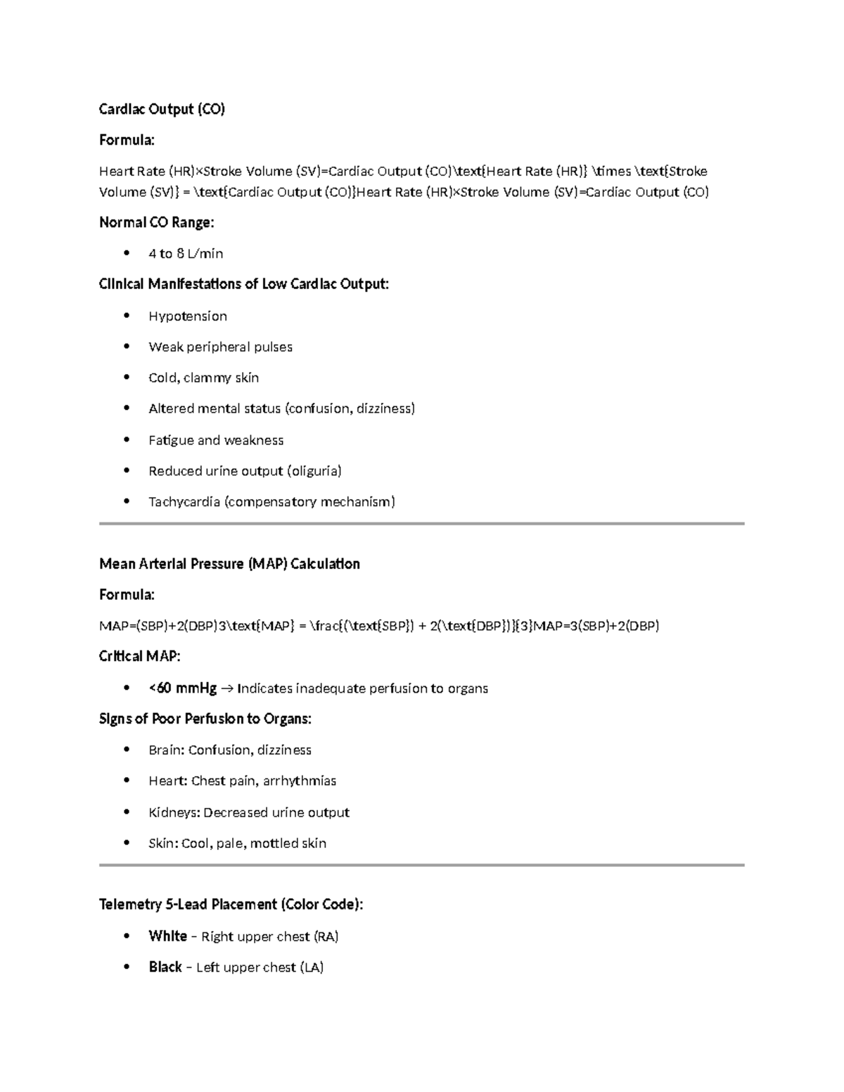 Cardiac Outline Review - Cardiac Output (CO) Formula: Heart Rate (HR)× ...