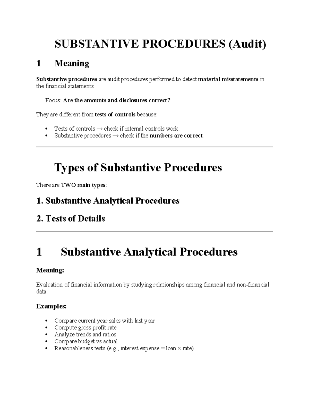 SUBSTANTIVE PROCEDURES (Audit) Overview and Types - Studocu