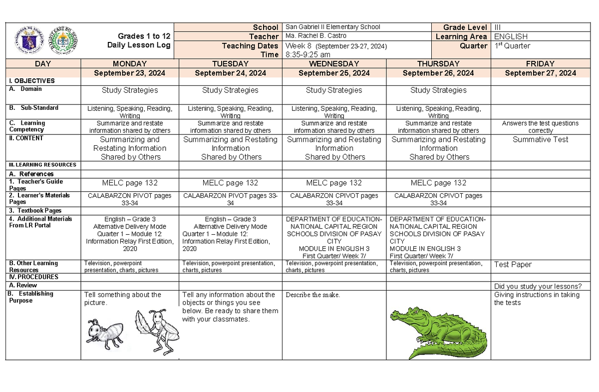 DLL- English-Q1-WEEK 8 - Grades 1 to 12 Daily Lesson Log School San ...