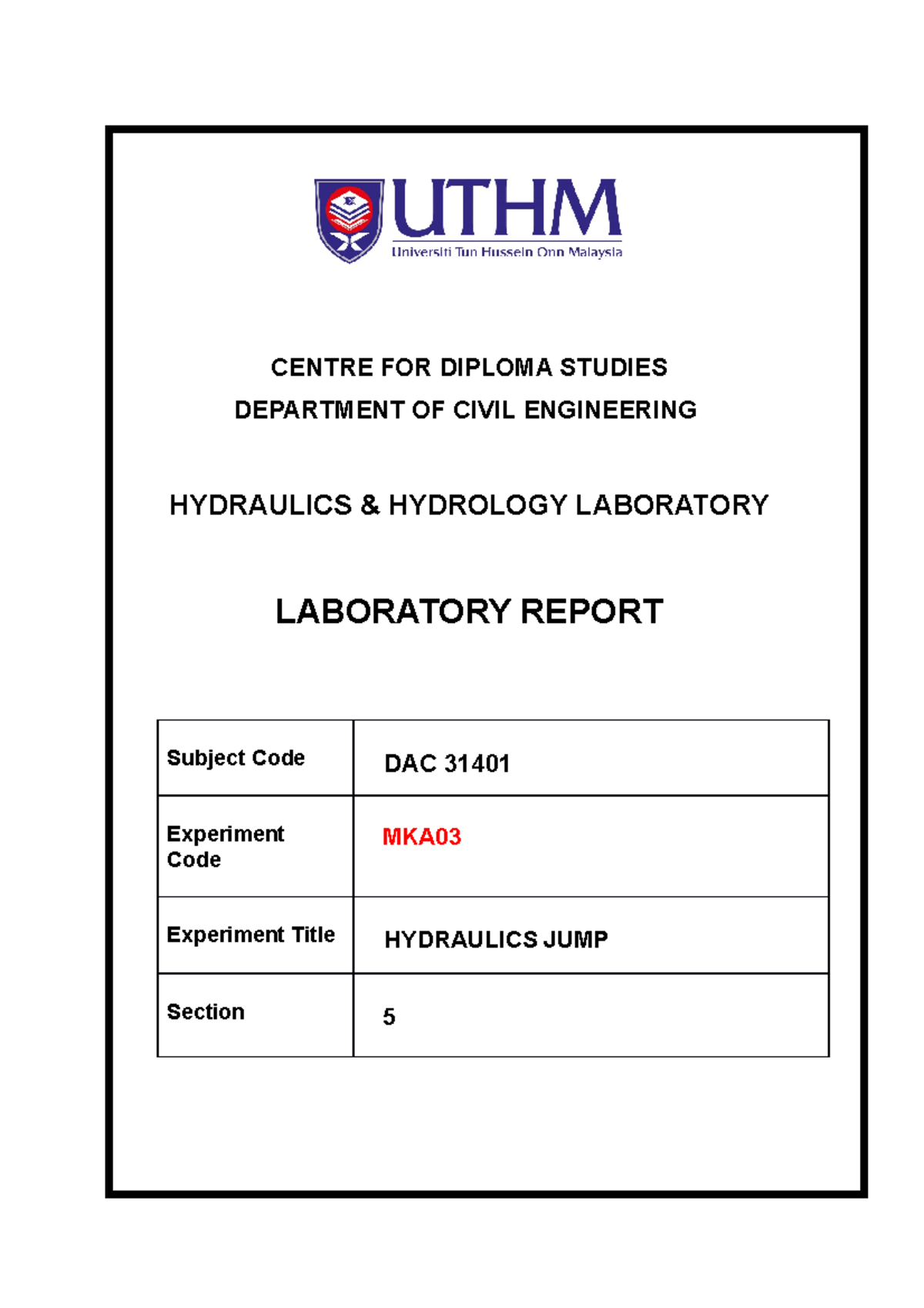 Laboratory Report on Hydraulic Jumps - DAC 31401 - Studocu