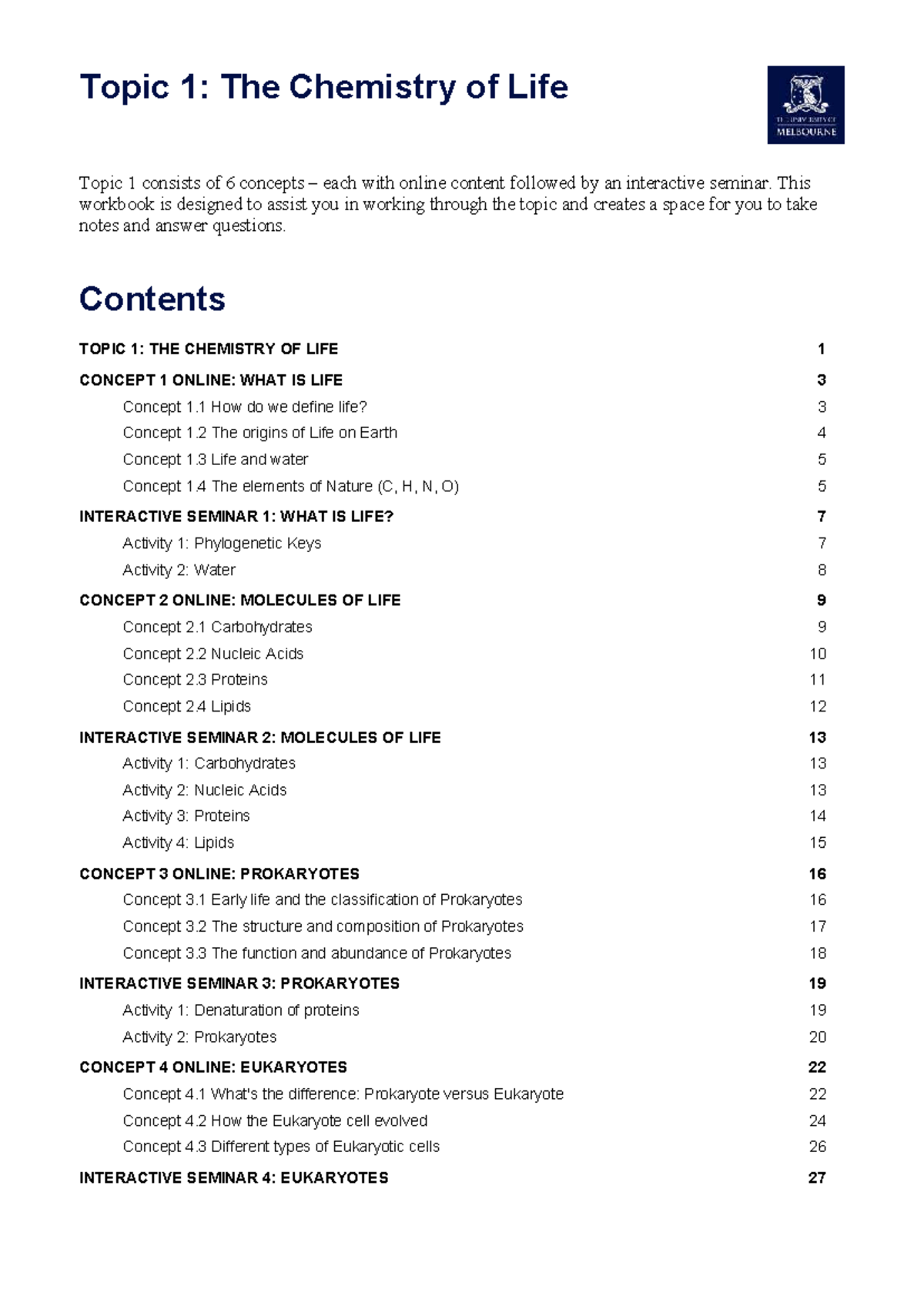 Topic 1 Workbook: The Chemistry of Life (2024) - Studocu