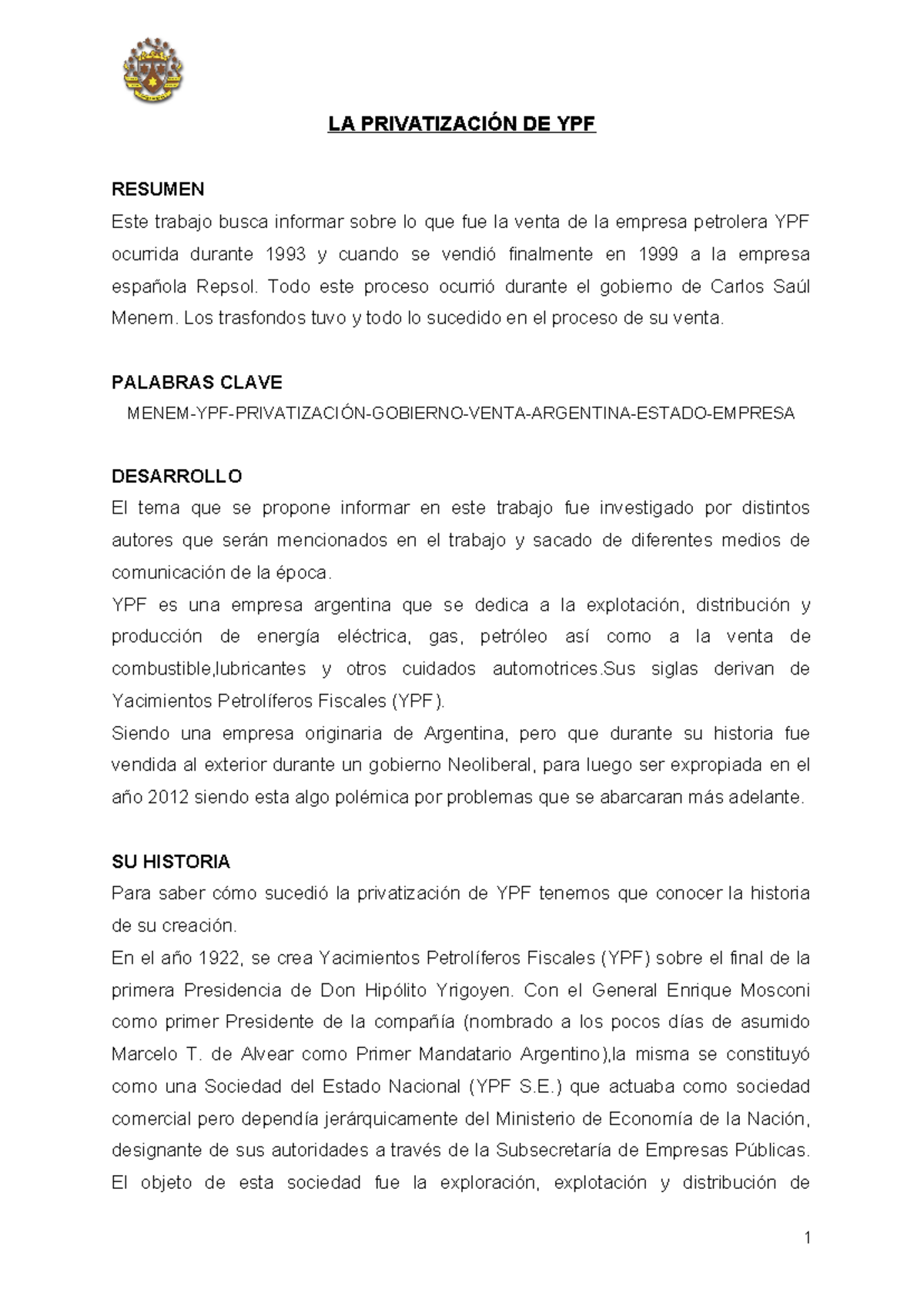 Estudio sobre la Privatización de YPF durante el Gobierno de Menem ...