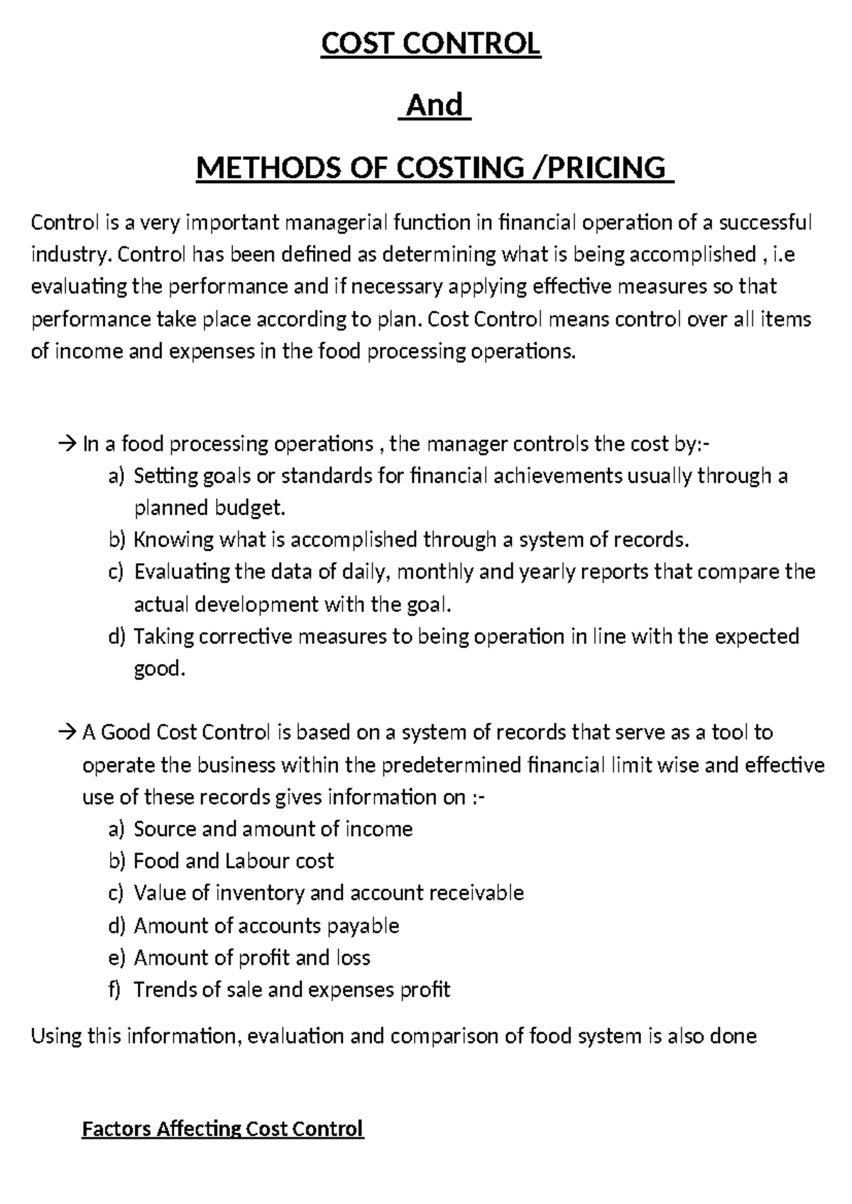 Cost Control and methods of costing pricing - Notes - COST CONTROL And ...