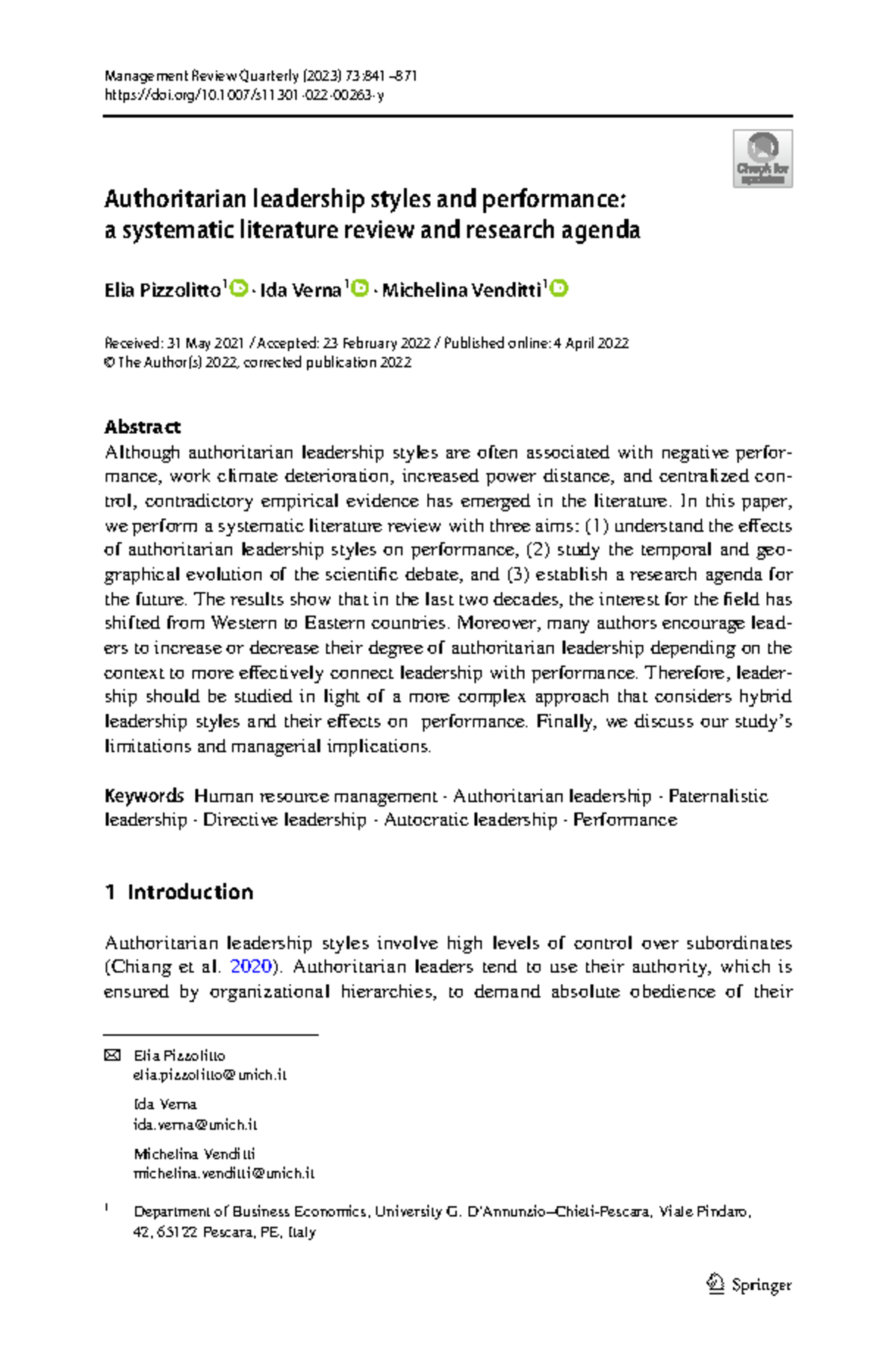Authoritarian Leadership Styles and Performance: A Systematic Review ...