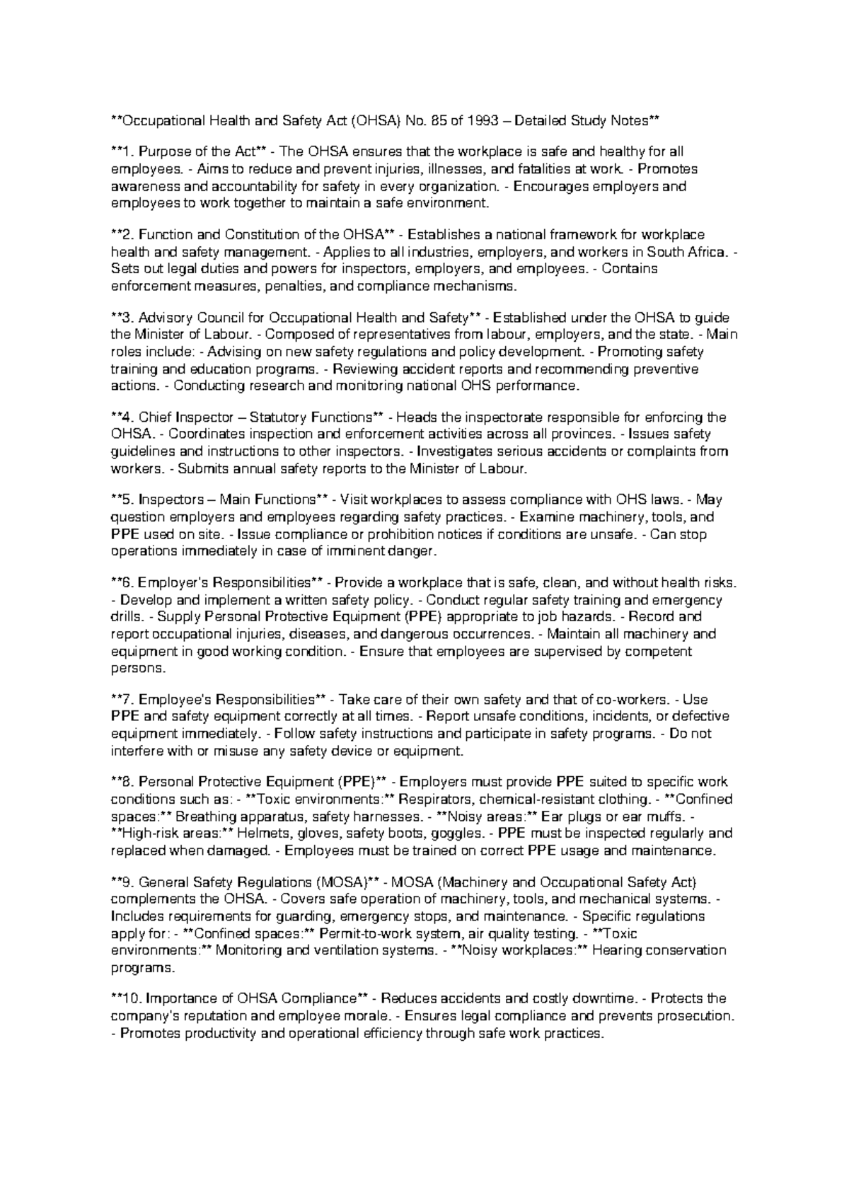 OHSA No. 85 of 1993: Comprehensive Health & Safety Notes - Studocu
