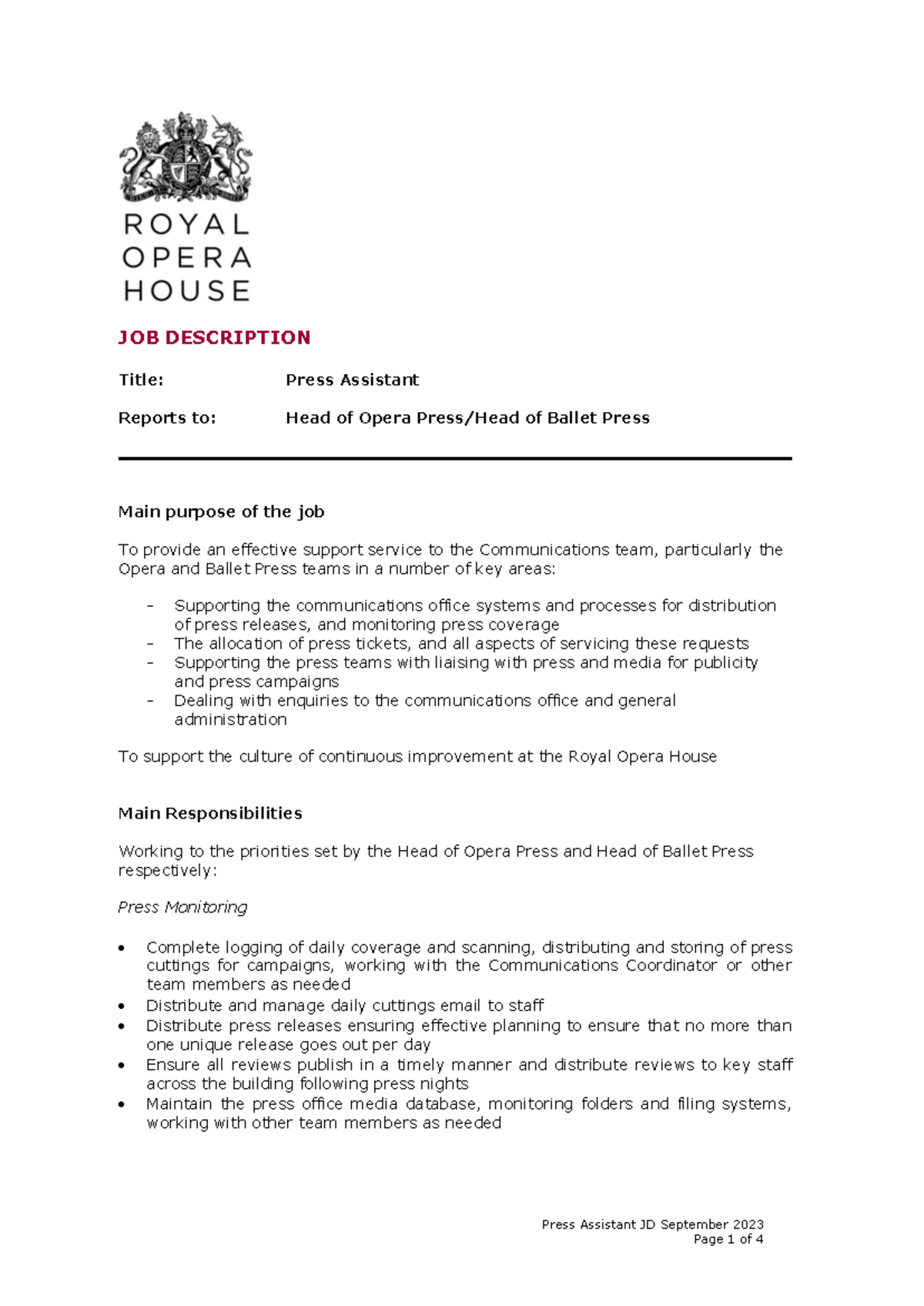 Press Assistant Job Description - September 2023 - Studeersnel