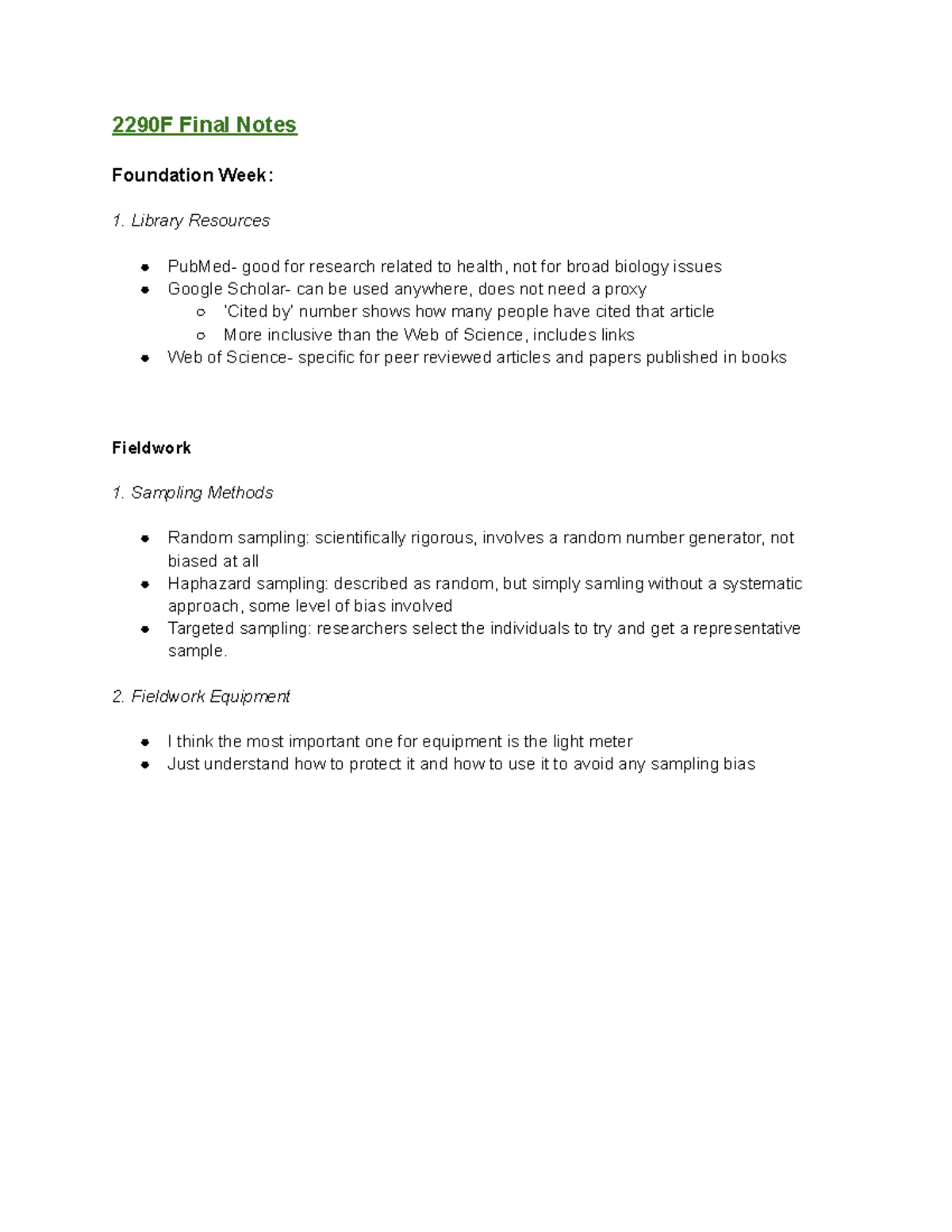 2290F Final Notes: Fieldwork Methods and Library Resources - Studocu