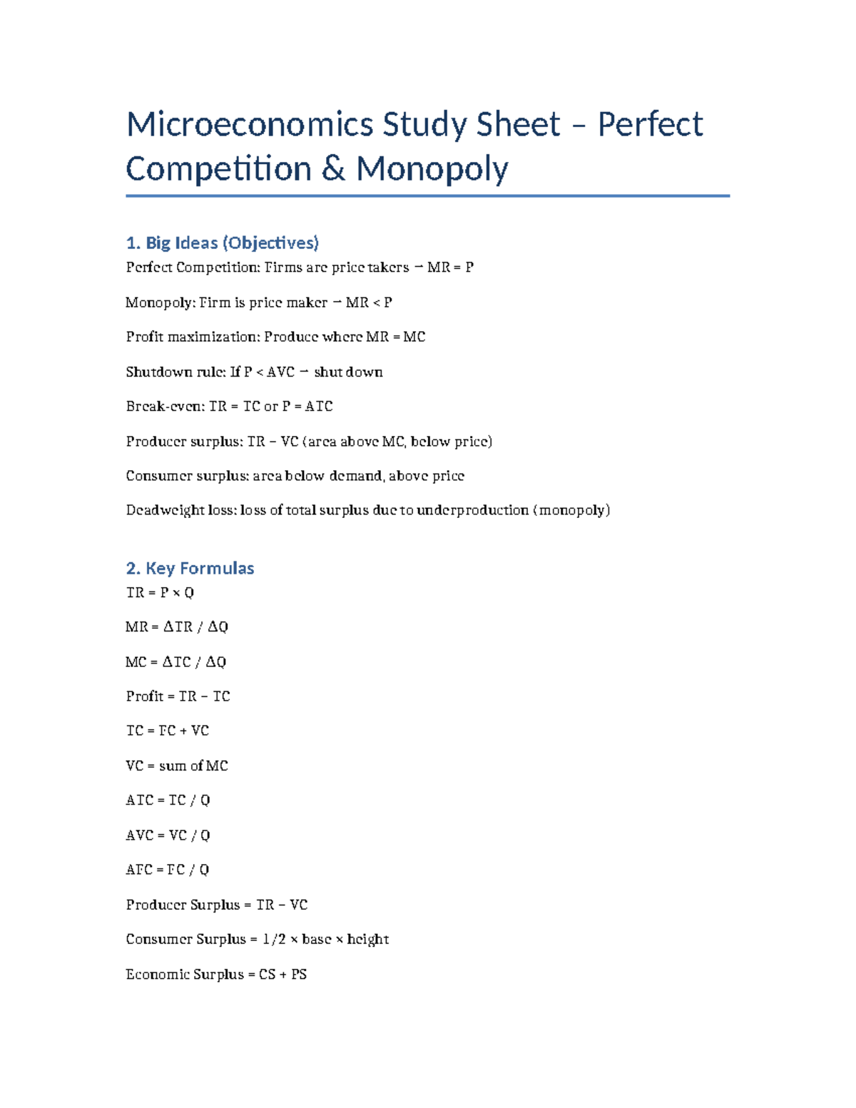 Microeconomics Study Sheet: Perfect Competition & Monopoly Concepts ...