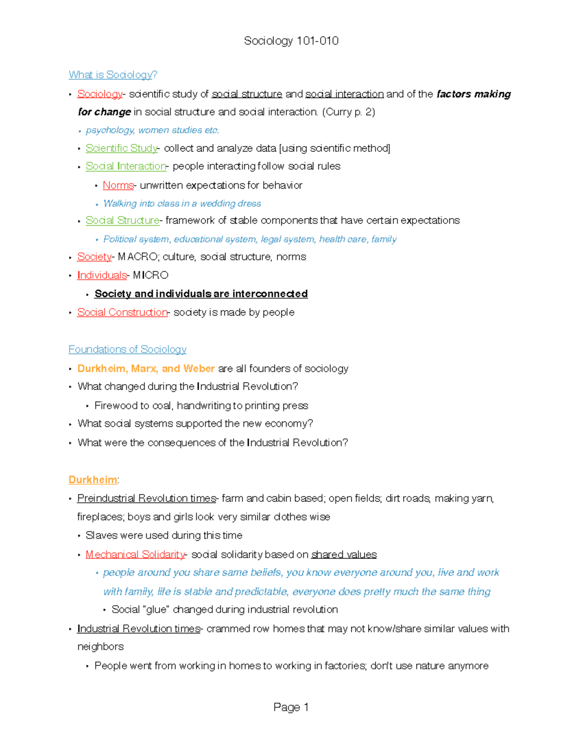 Sociology 101-010 Notes - Sociology What is Sociology? scientiﬁc study ...