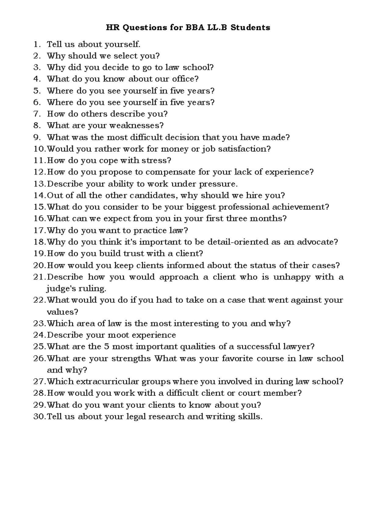 HR Interview Questions for BBA LL.B Students: Model Basic Questions ...
