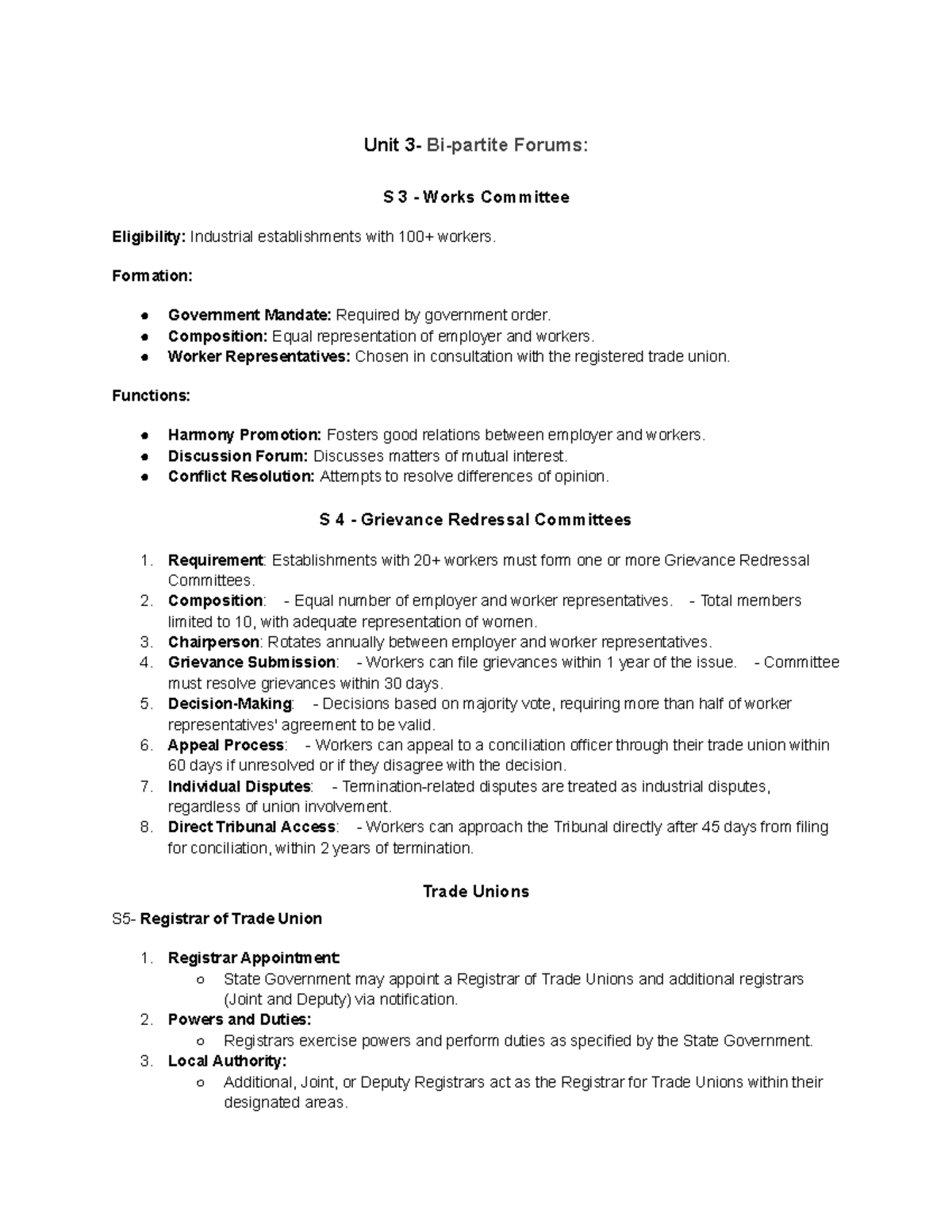 Labour Law Notes: Unit 3 on Bi-partite Forums and Trade Unions - Studocu