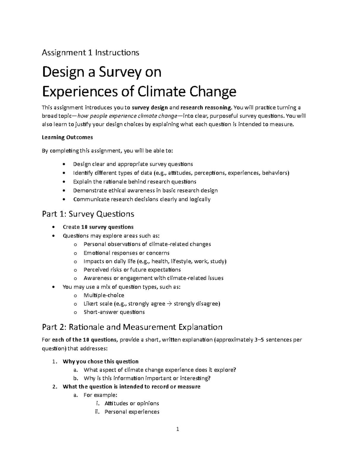 Assignment 1: Designing a Survey on Climate Change Experiences - Studocu