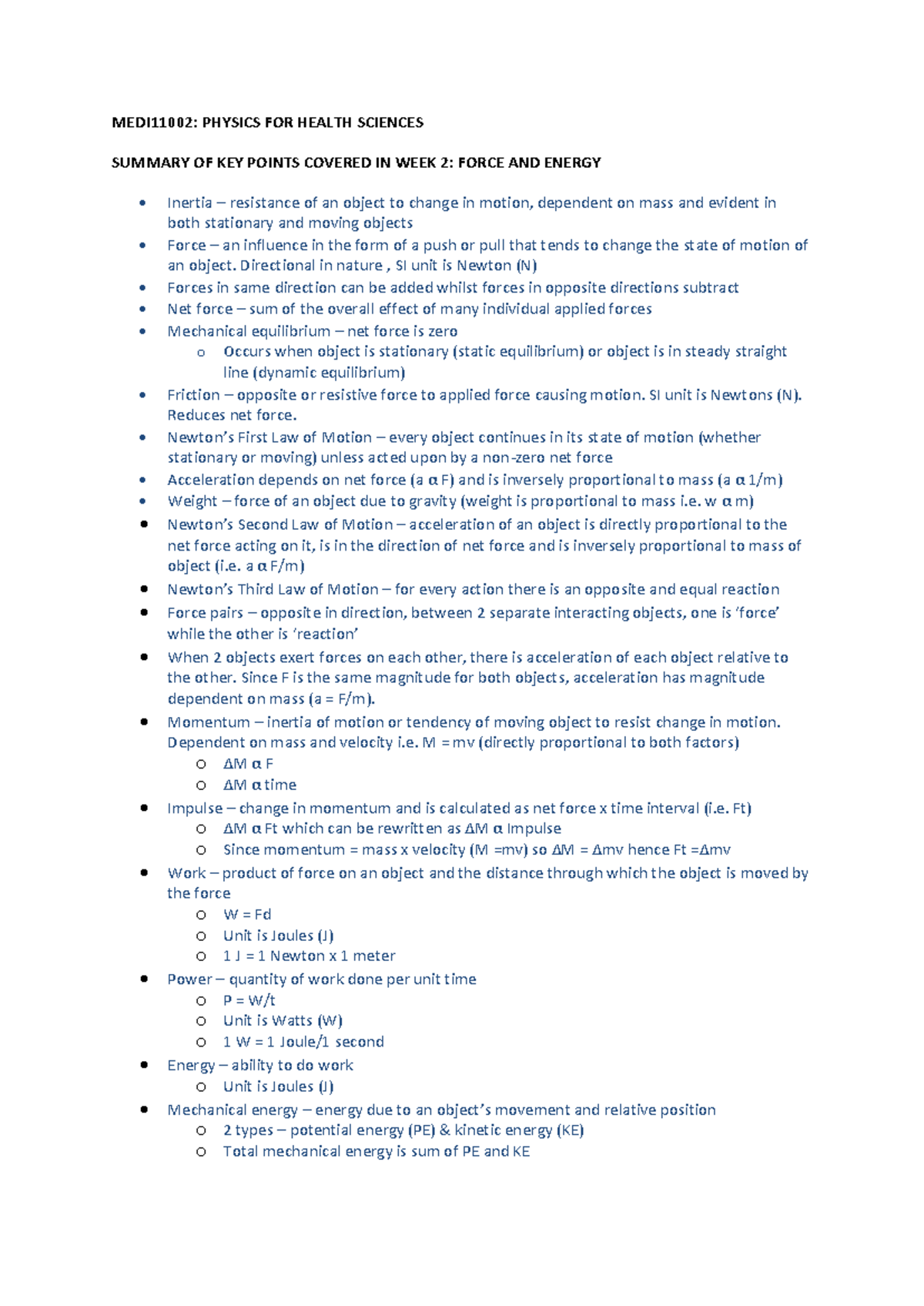 Week 2 key points - Lecture notes 2 - MEDI11002: PHYSICS FOR HEALTH ...