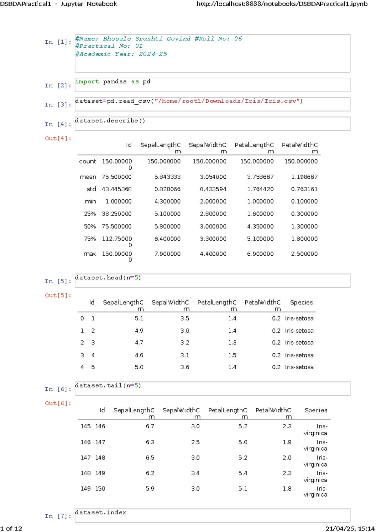 DSBDA Practical 1: Jupyter Notebook Analysis of Iris Dataset - Studocu