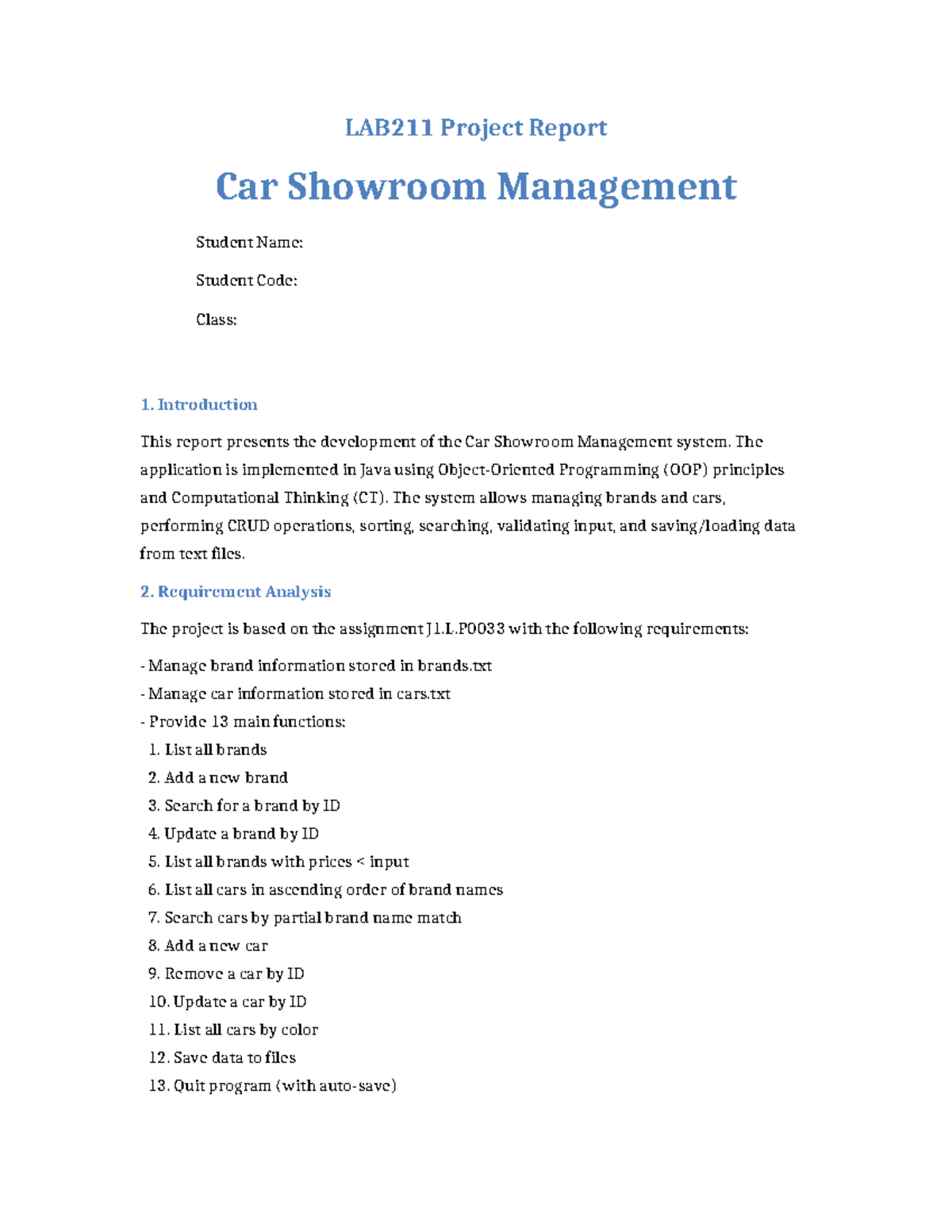 LAB211 Project Report: Car Showroom Management System Overview - Studocu