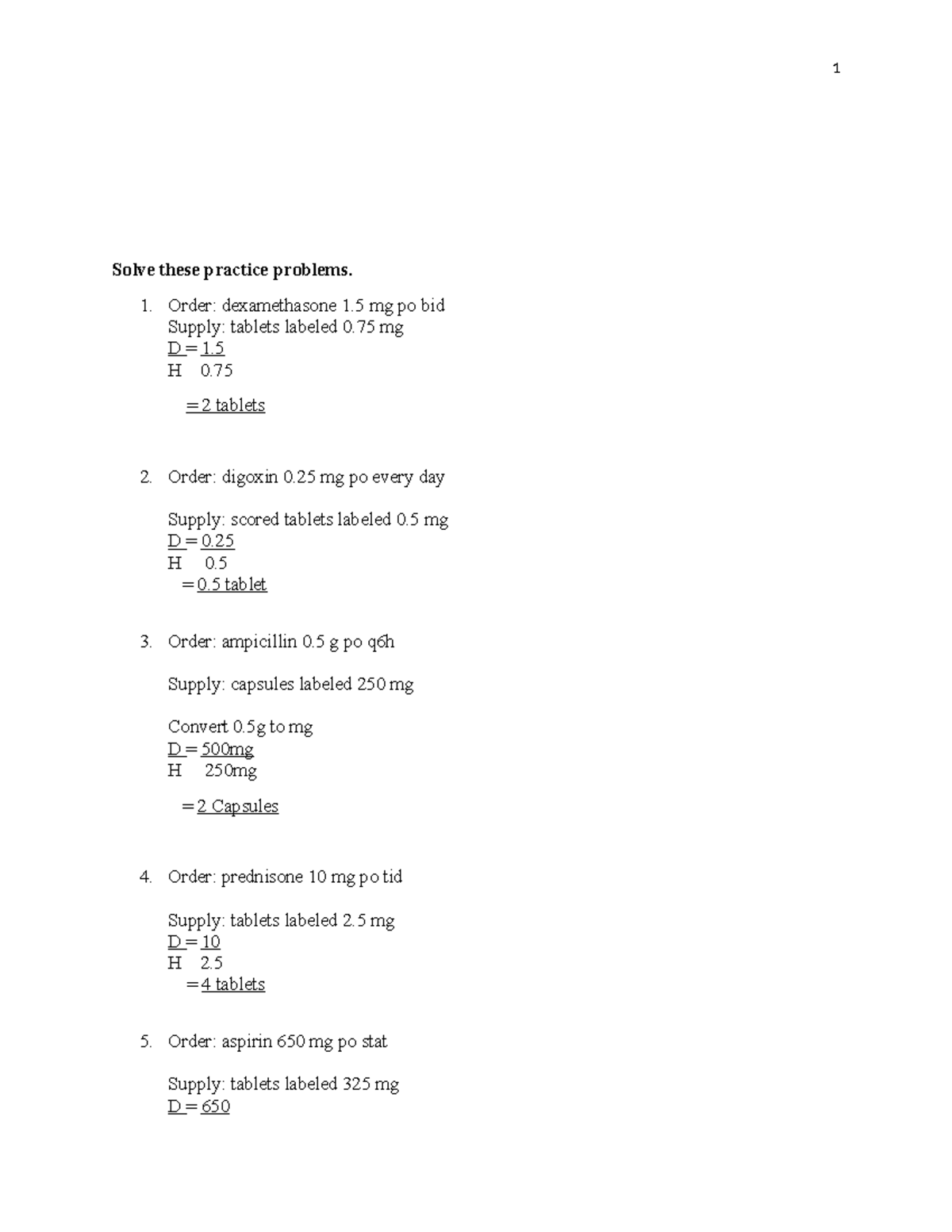 Medication Math Worksheet Chapter 4 Calculation of Oral Medications ...