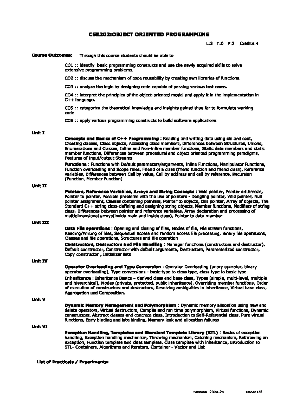 CSE202: Object Oriented Programming Syllabus and Course Outcomes - Studocu