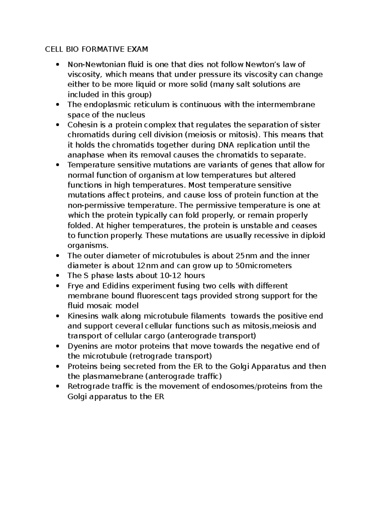 CELL BIO Formative EXAM notes - CELL BIO FORMATIVE EXAM Non-Newtonian ...