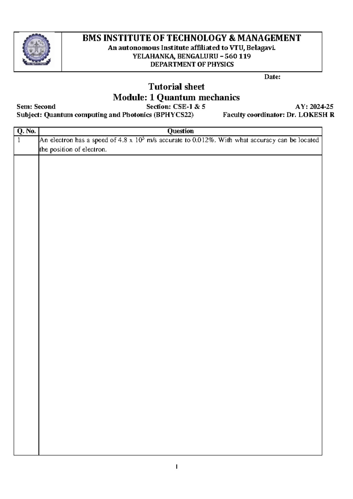 Tutorial Sheet: Quantum Mechanics (BPHYCS22) - Module 1 CSE 1 5 702 ...