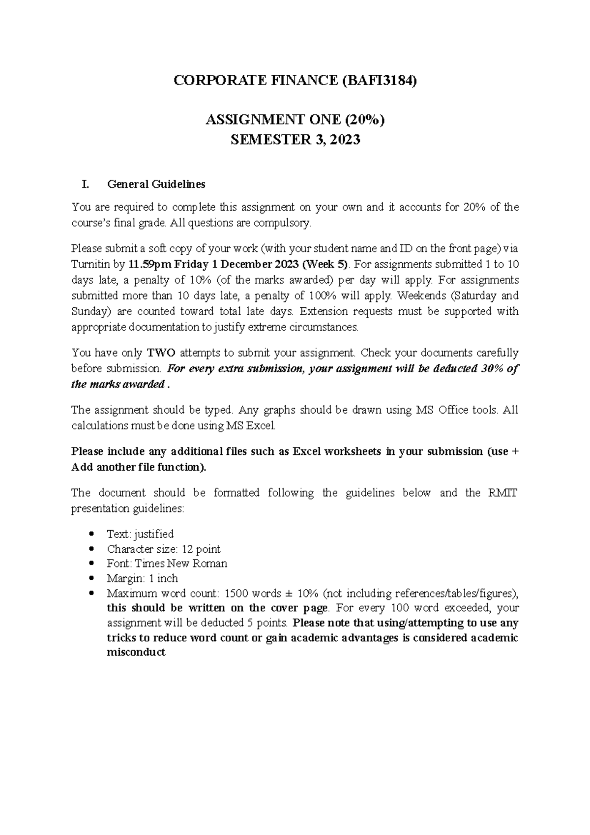 Assignment One Instructions S3 2023 - CORPORATE FINANCE (BAFI3184 ...
