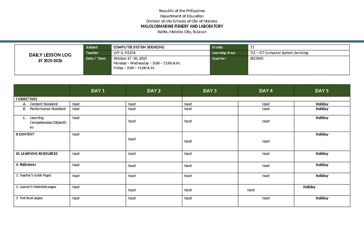 CSS Daily Lesson Log: Computer System Servicing (Oct 27-30, 2025) - Studocu