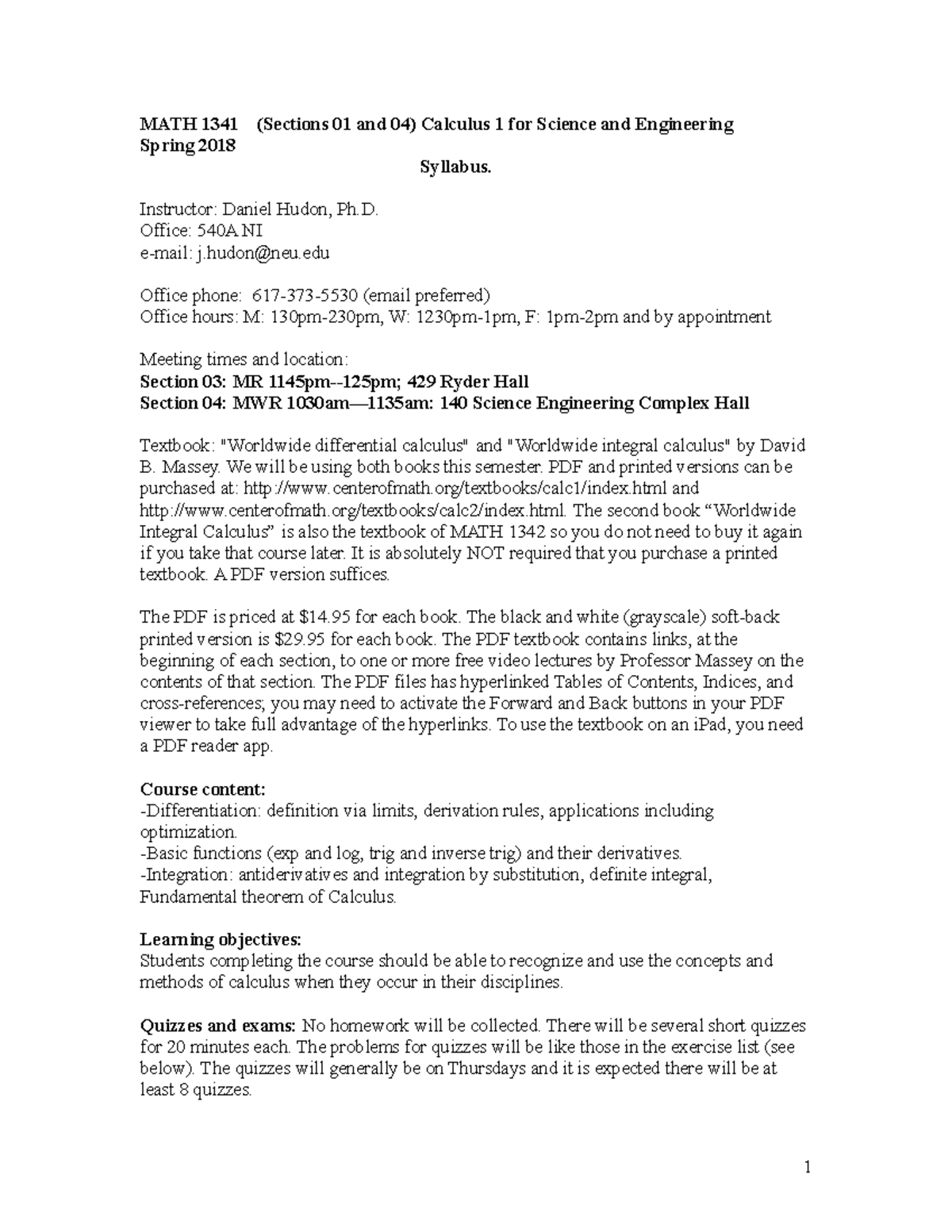 MATH 1341 Syllabus: Calculus 1 for Science & Engineering, Spring 2019 ...