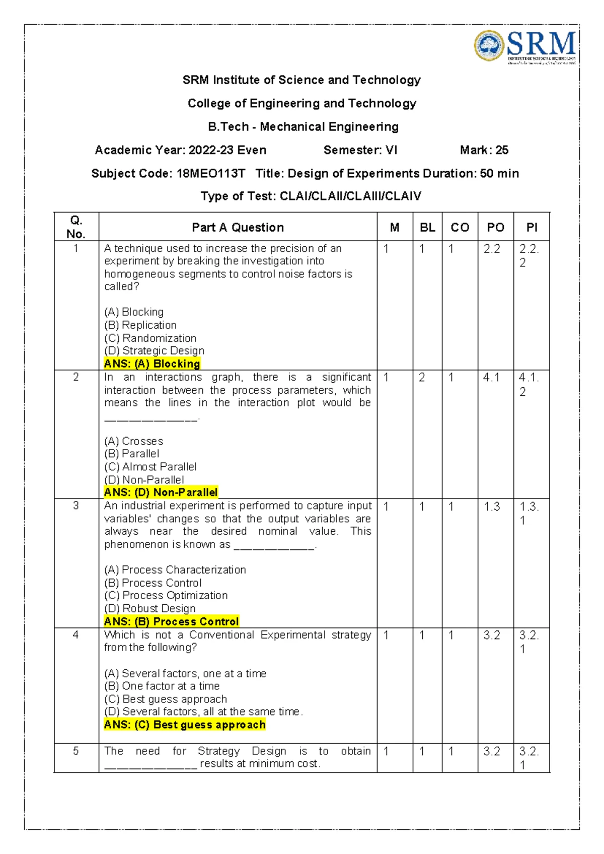Design of Experiments (DOE) - Course Notes (18MEO113T) - Studocu