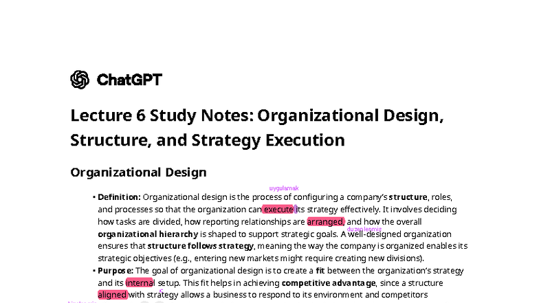 MG11 Lecture 6 Study Notes: Org Design, Structure & Strategy Execution ...