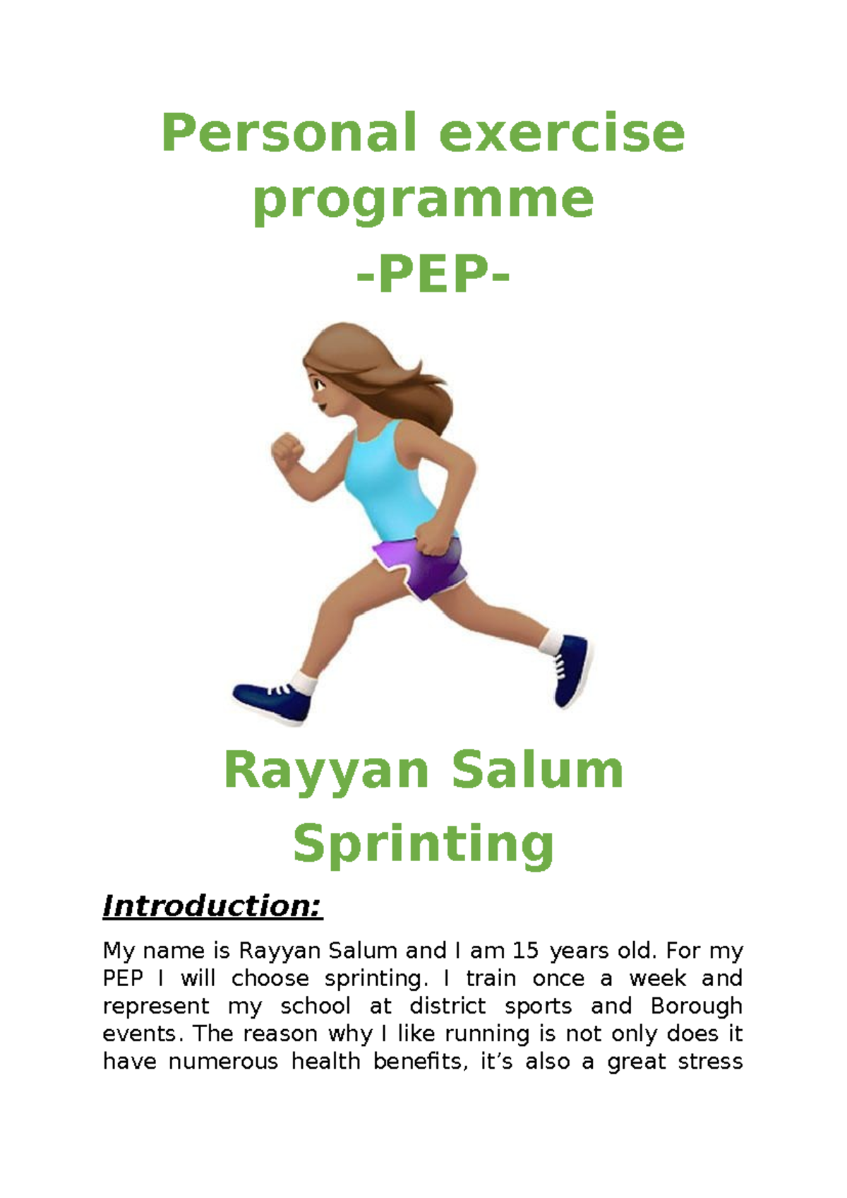 PEP for Sprinting: Personal Exercise Programme by Rayyan Salum - Studocu