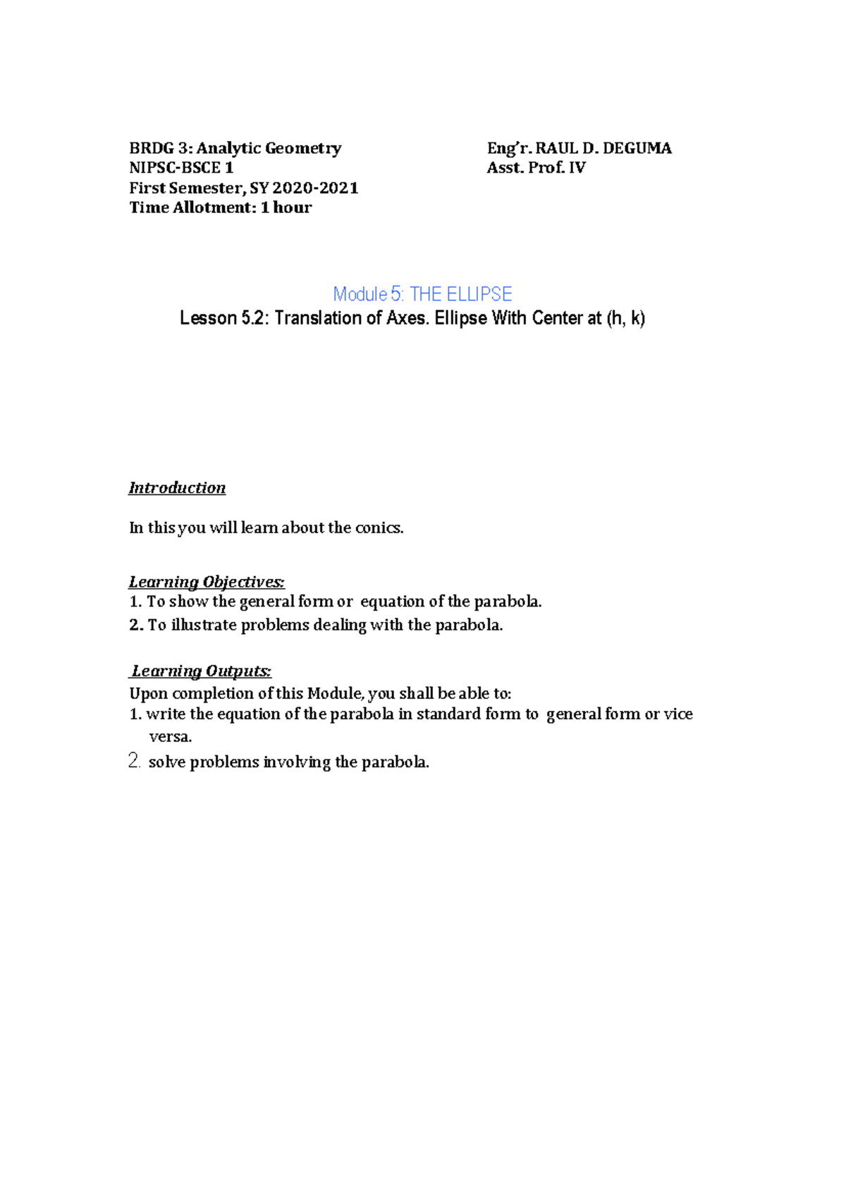 AG-M5-L2 - Analytic Geometry module 5 lesson 2 - BRDG 3: Analytic ...