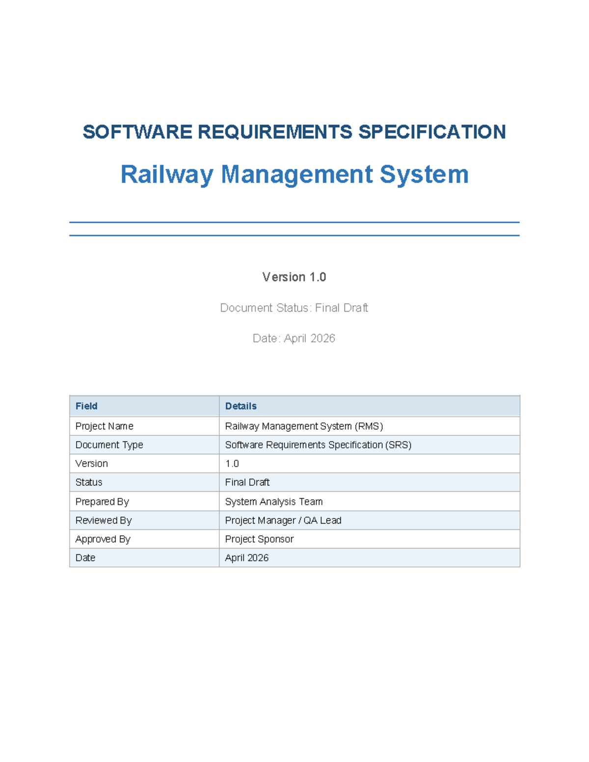 Railway Management System SRS v1.0 - Final Draft Document - Studocu