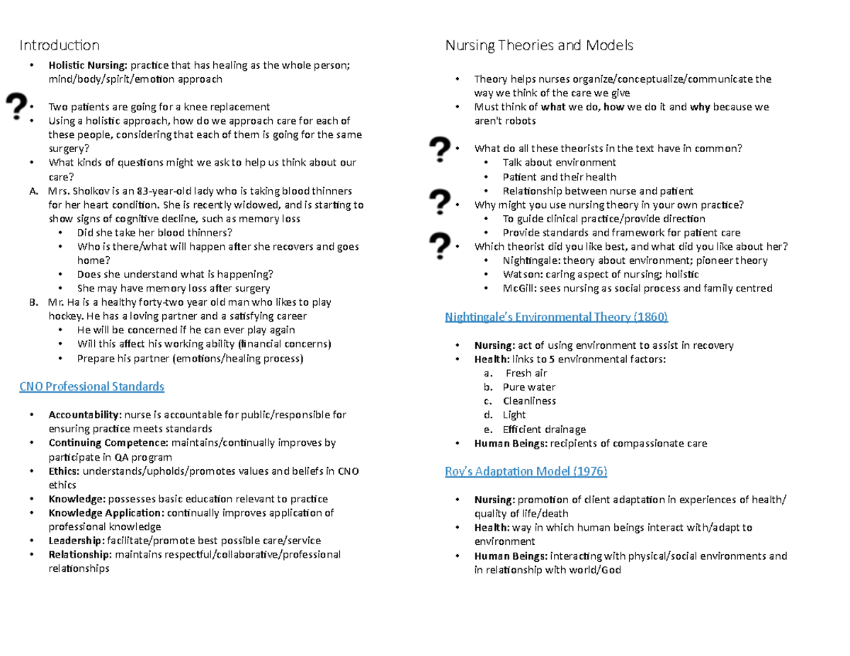 Theory 1067 Test 1 - Nursing Models, Holistic Care, and Critical ...