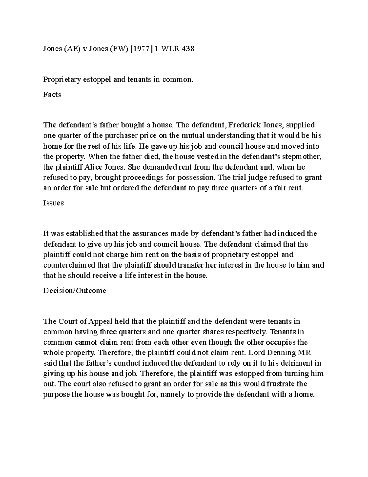 Jones v Jones (1977) - Proprietary Estoppel Case Analysis - Studocu
