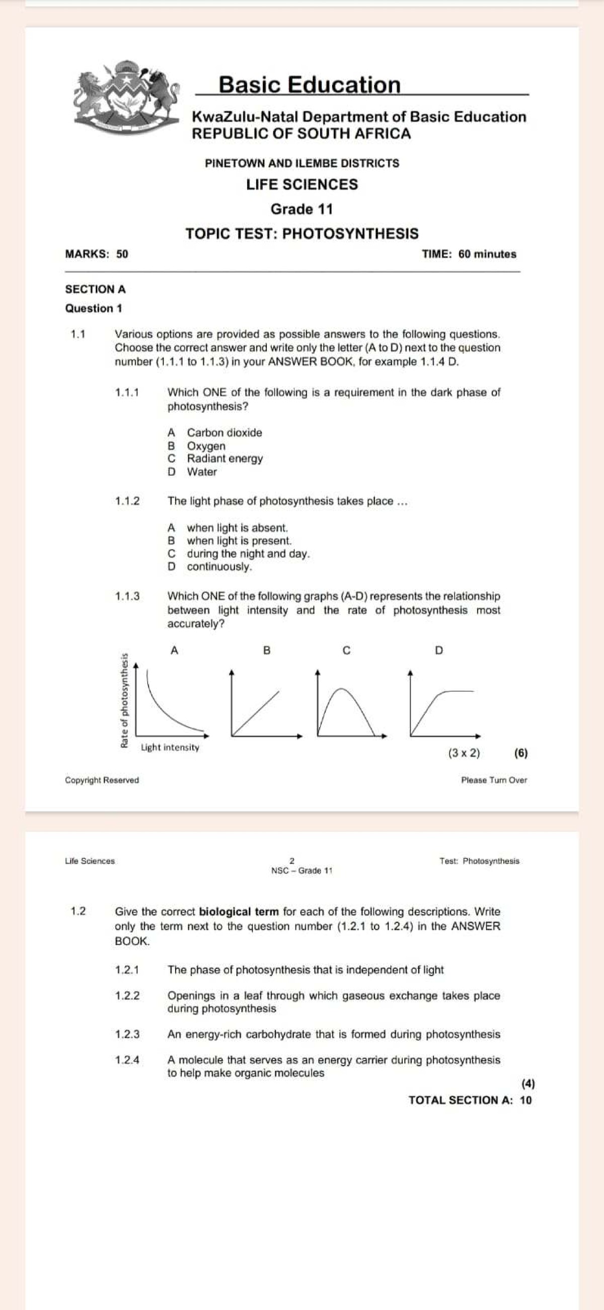 Grade 11 Life Sciences Topic Test: Photosynthesis (NSC) - Marks: 50 ...