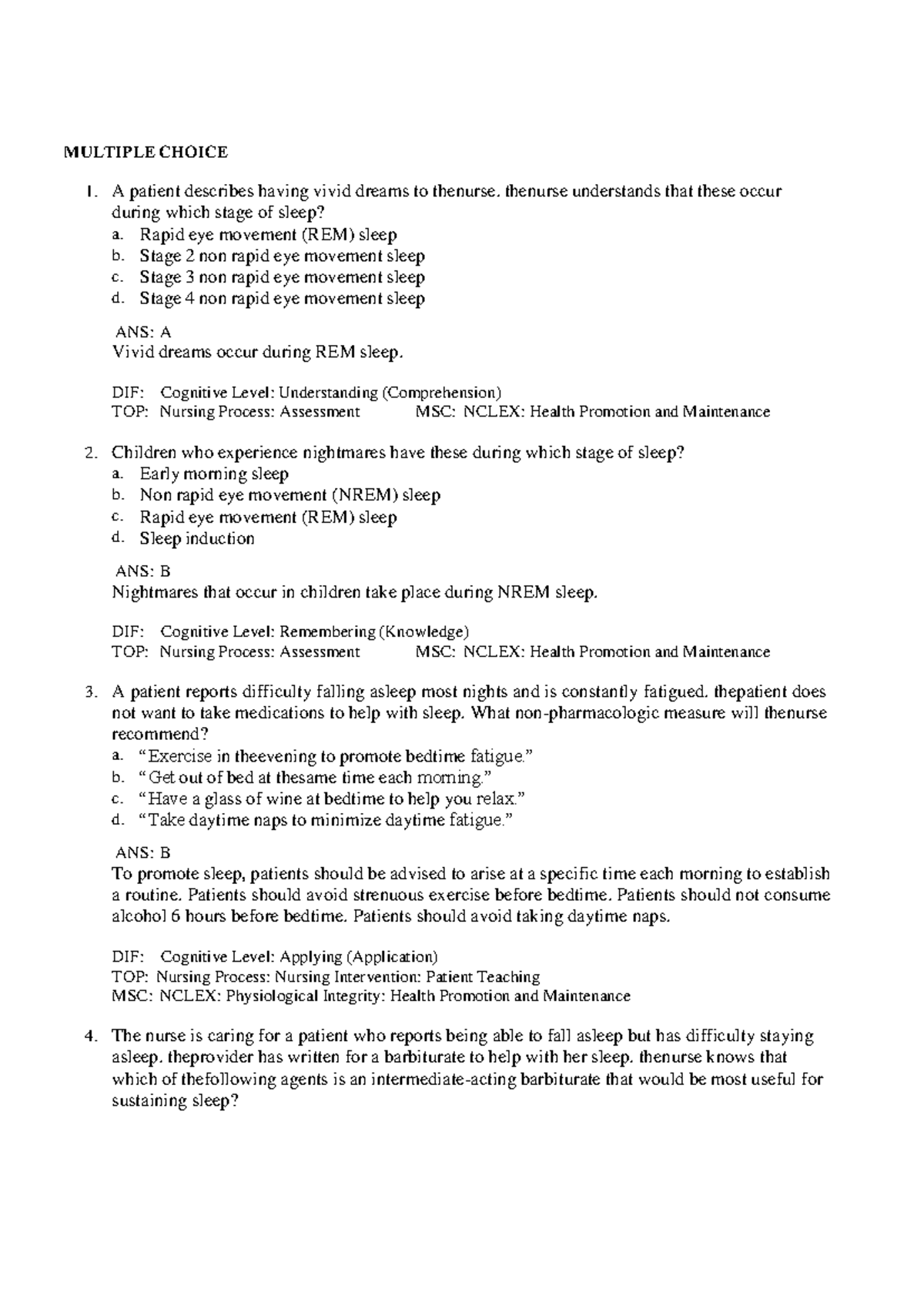 NUR 101 Final Exam: Sleep Stages and Patient Care Strategies - Studocu