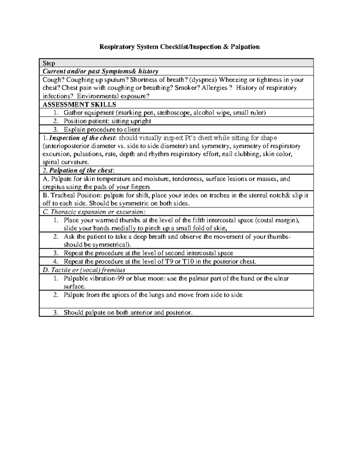 Checklist 3 - Thorax Lungs Assessment Techniques and Skills - Studocu