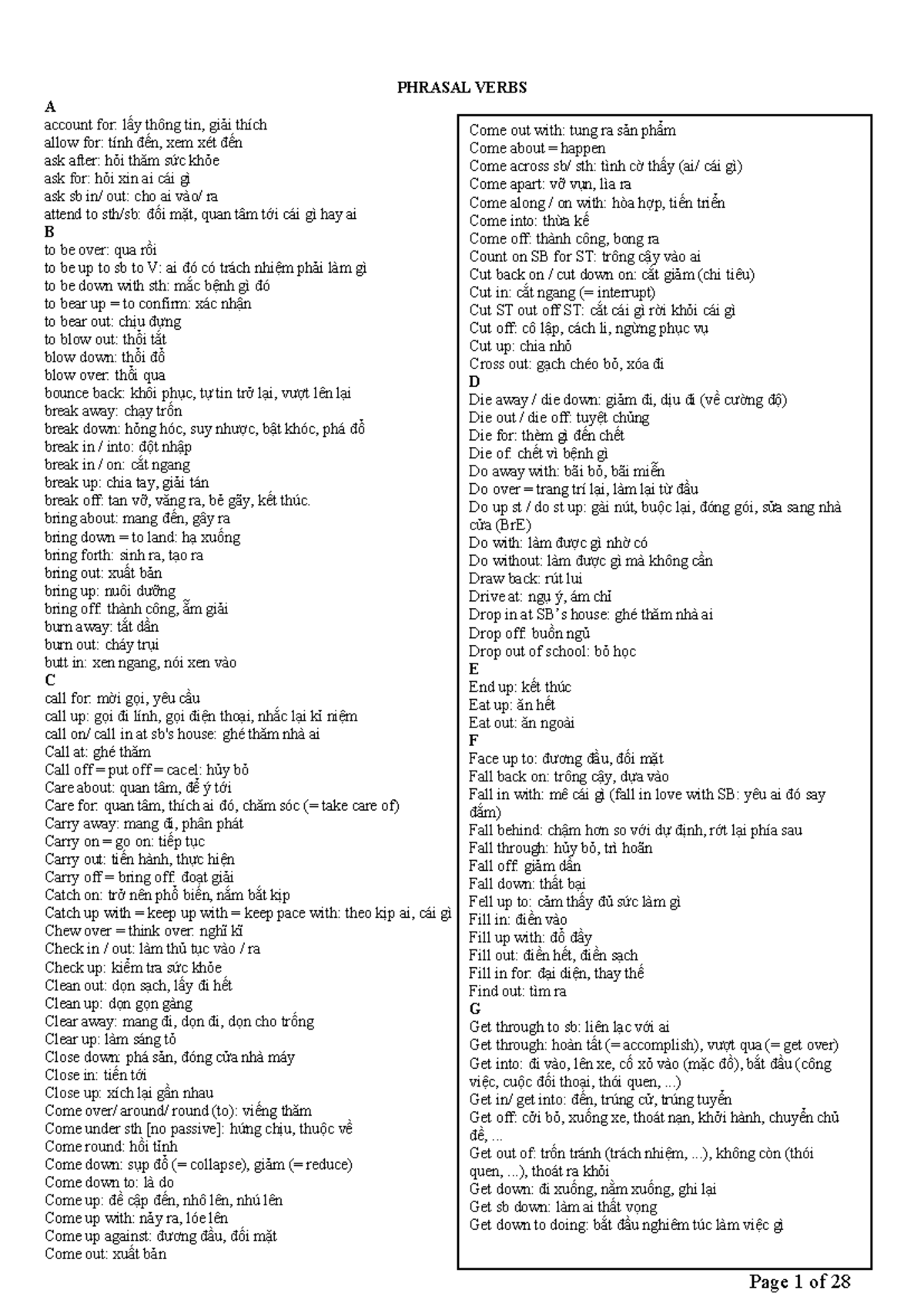 Phrasal Verbs A - B: Comprehensive English Reference Guide - Studocu