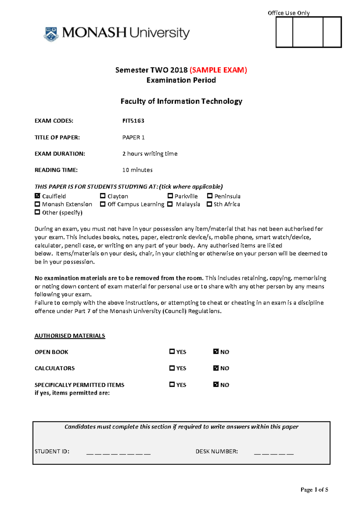 FIT Sample Exam 6: Practice Questions - November 2018 - Studocu