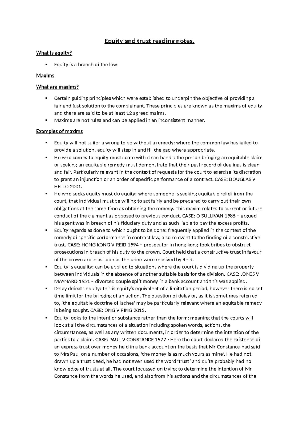Equity and Trusts: Key Maxims and Concepts Overview - Studocu