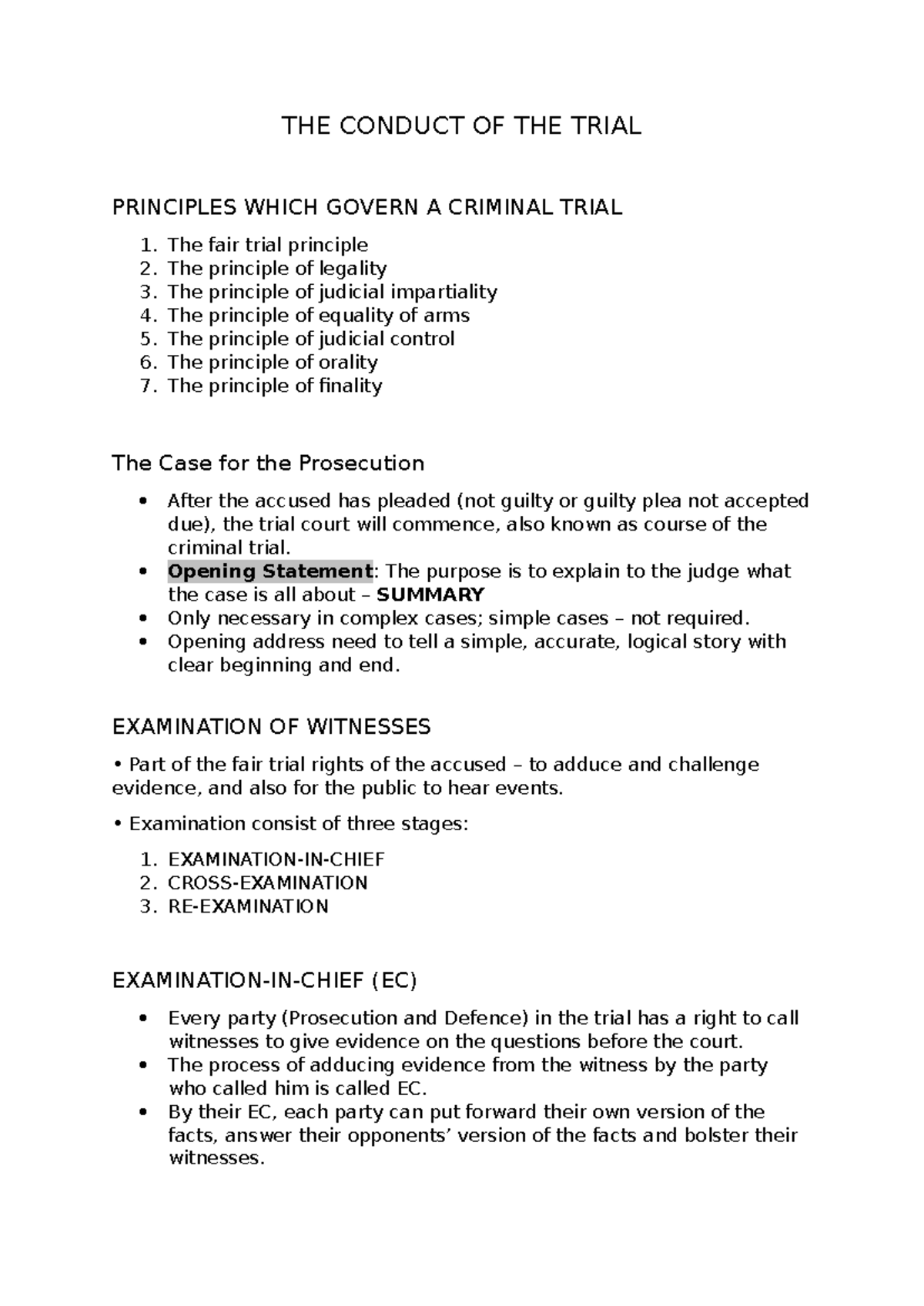 Conduct of the Trial: Principles & Procedures in Criminal Cases - Studocu
