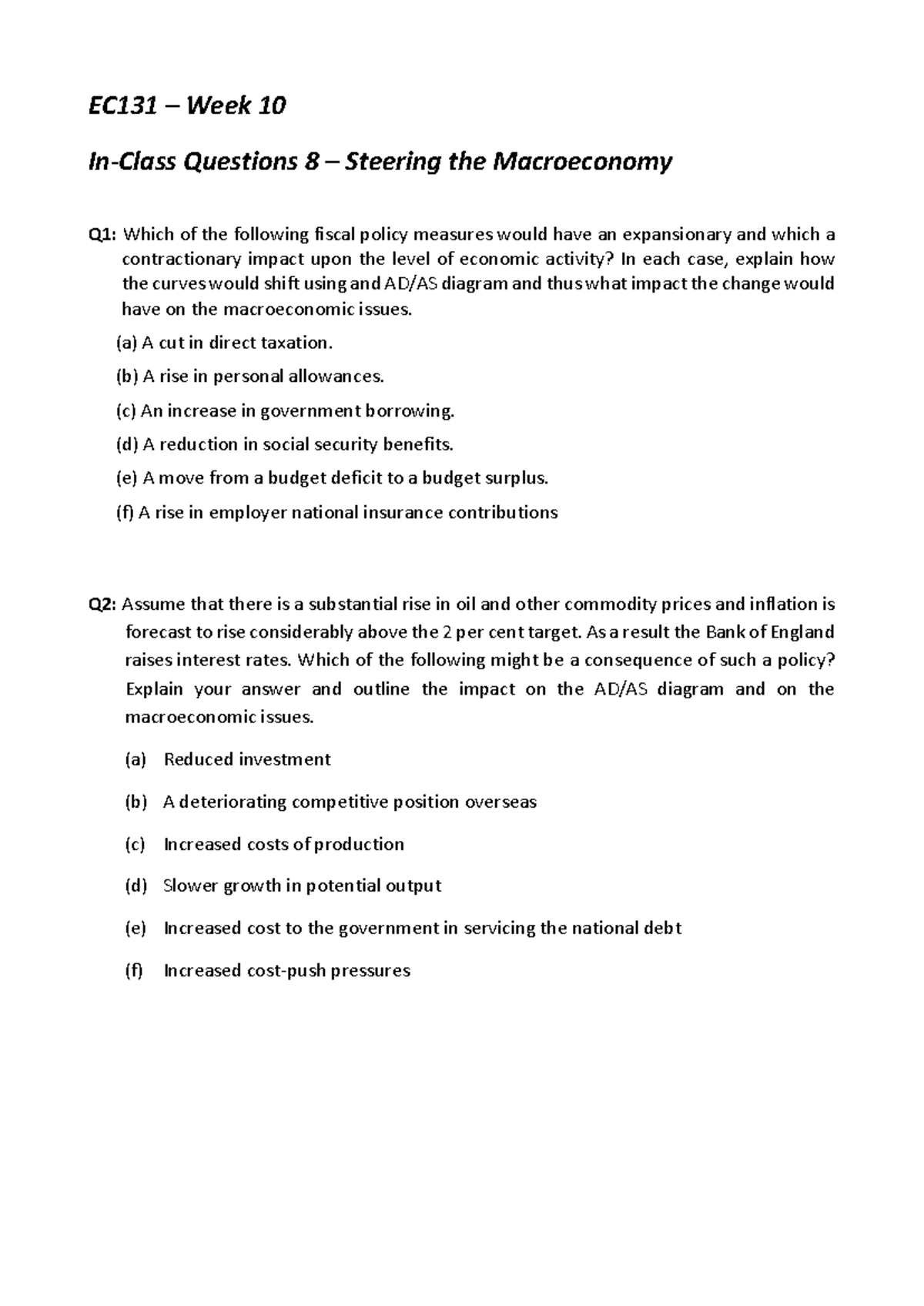 EC131 Week 10 In-Class Questions on Macroeconomic Policies - Studocu