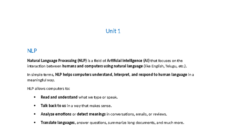NLP Unit 1 Study Guide for Semester Exam - Studocu