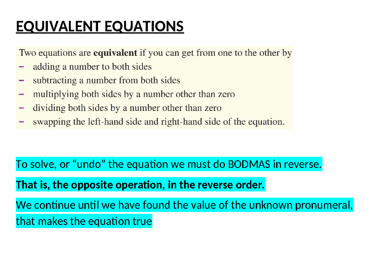 EQUIVALENT EQUATIONS: Opposite Operations in Reverse Order - Studocu