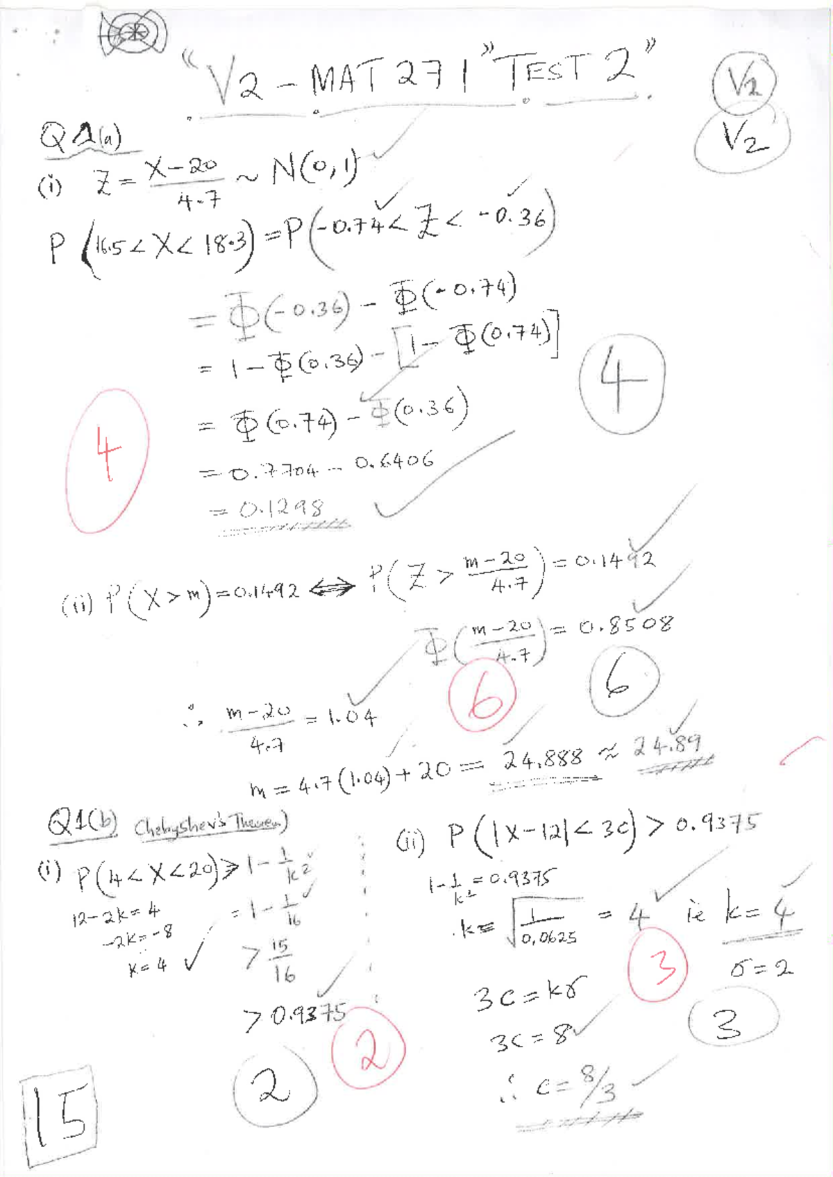 MAT271 Test 2 V2 Solutions - 27 I TEST V2 QA(a) V2 (i) N(0,1) 4 P 18:3 ...