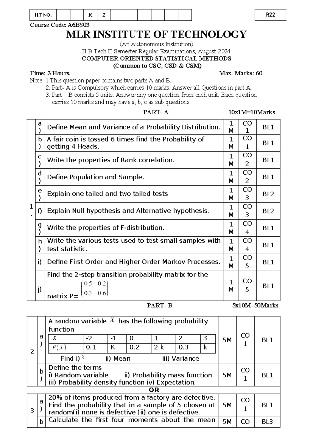 Computer Oriented Statistical Methods-A6BS03 - H NO. R 2 R Course Code ...
