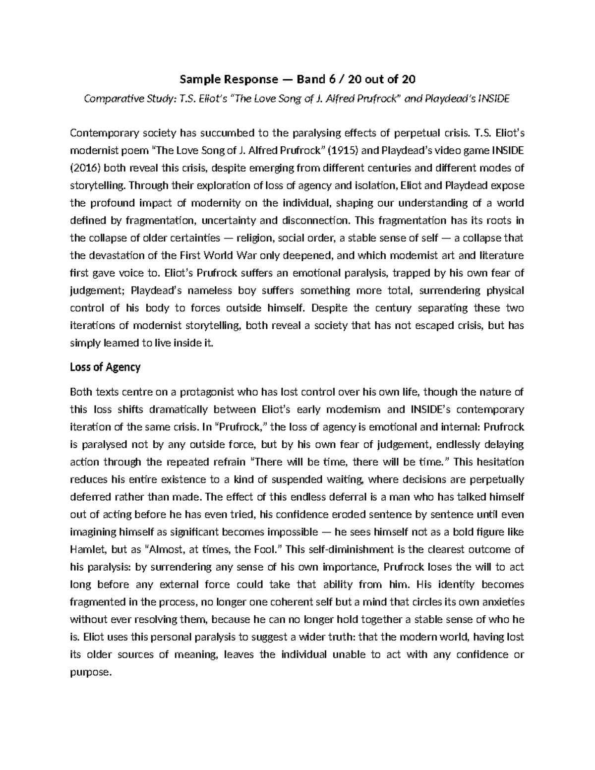 Comparative Study: T.S. Eliot's Prufrock & INSIDE (Sample A Essay ...